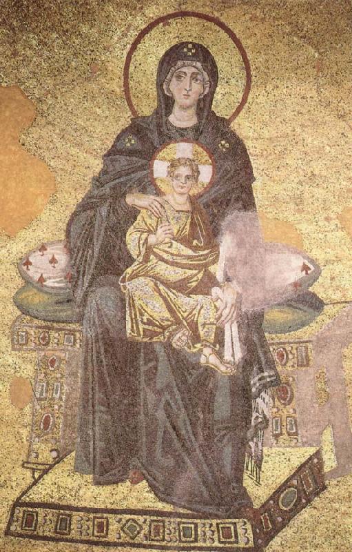  On the throne of the Virgin Mary with Child